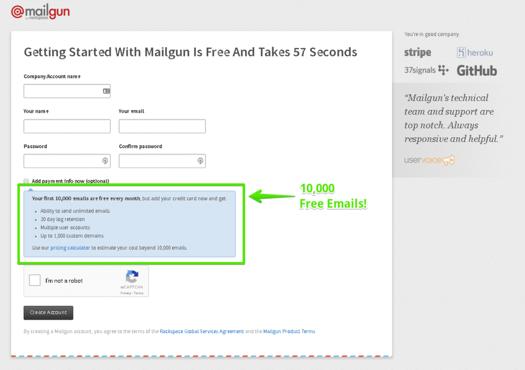Registration form for Mailgun