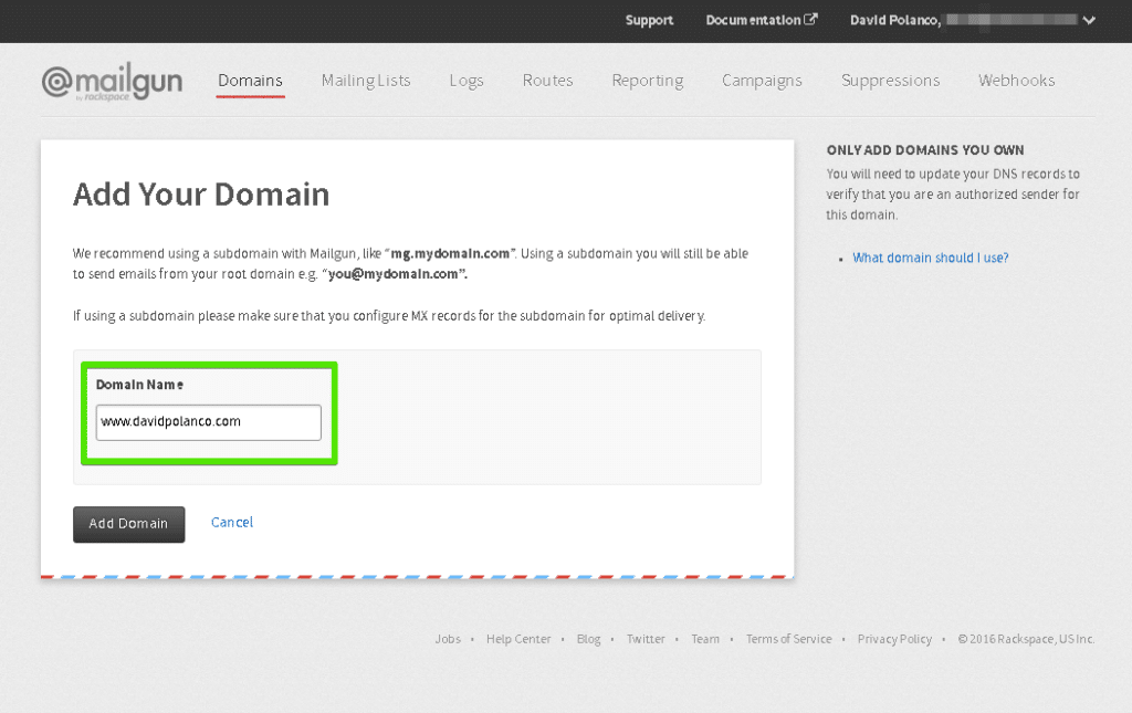 Adding your Domain to the Domain Field in Mailgun