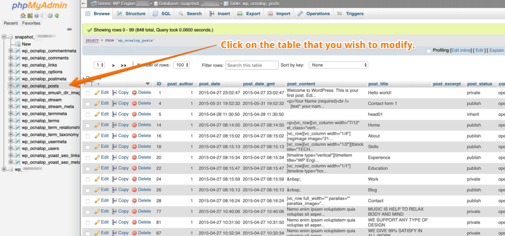 Select the database table