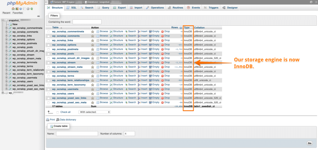 Verify in PHPMyAdmin InnoDB