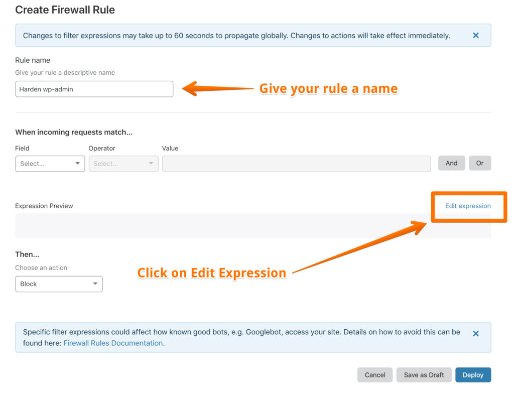 Cloudflare - Give your rule a name and then click on Edit Expression